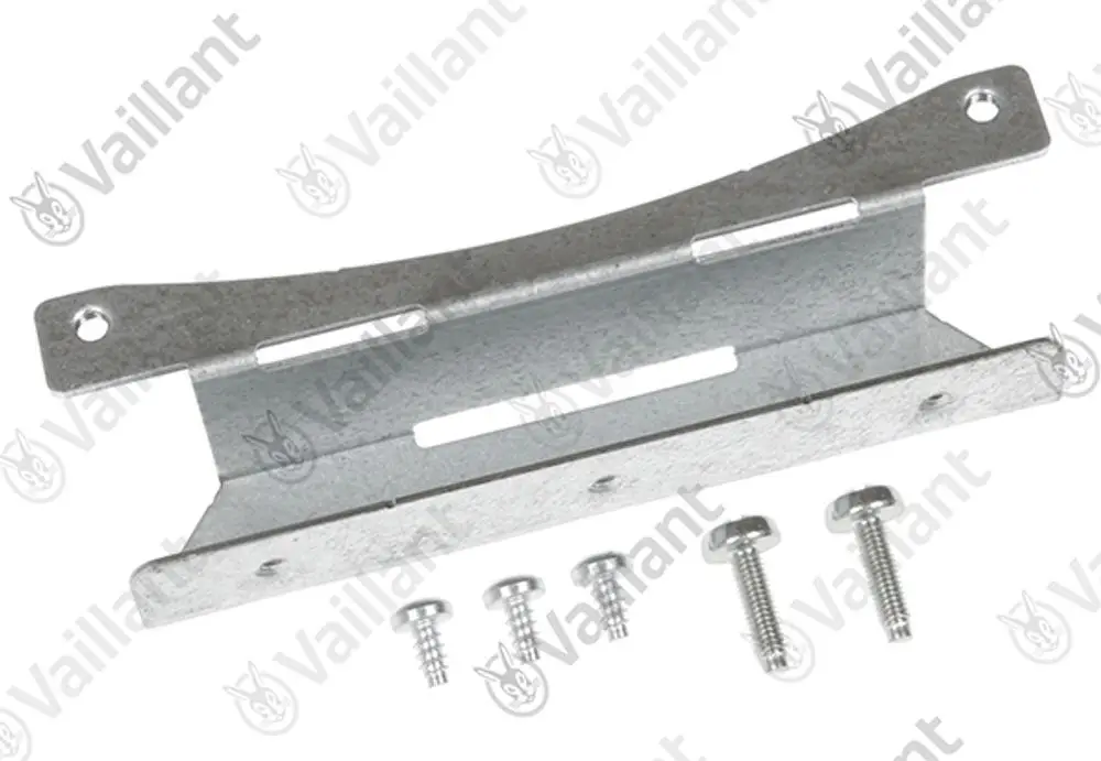 Metallhalter von Vaillant mit zwei seitlichen Befestigungslöchern und vier Schrauben. Der Halter hat eine gebogene Form für eine stabile Montage.